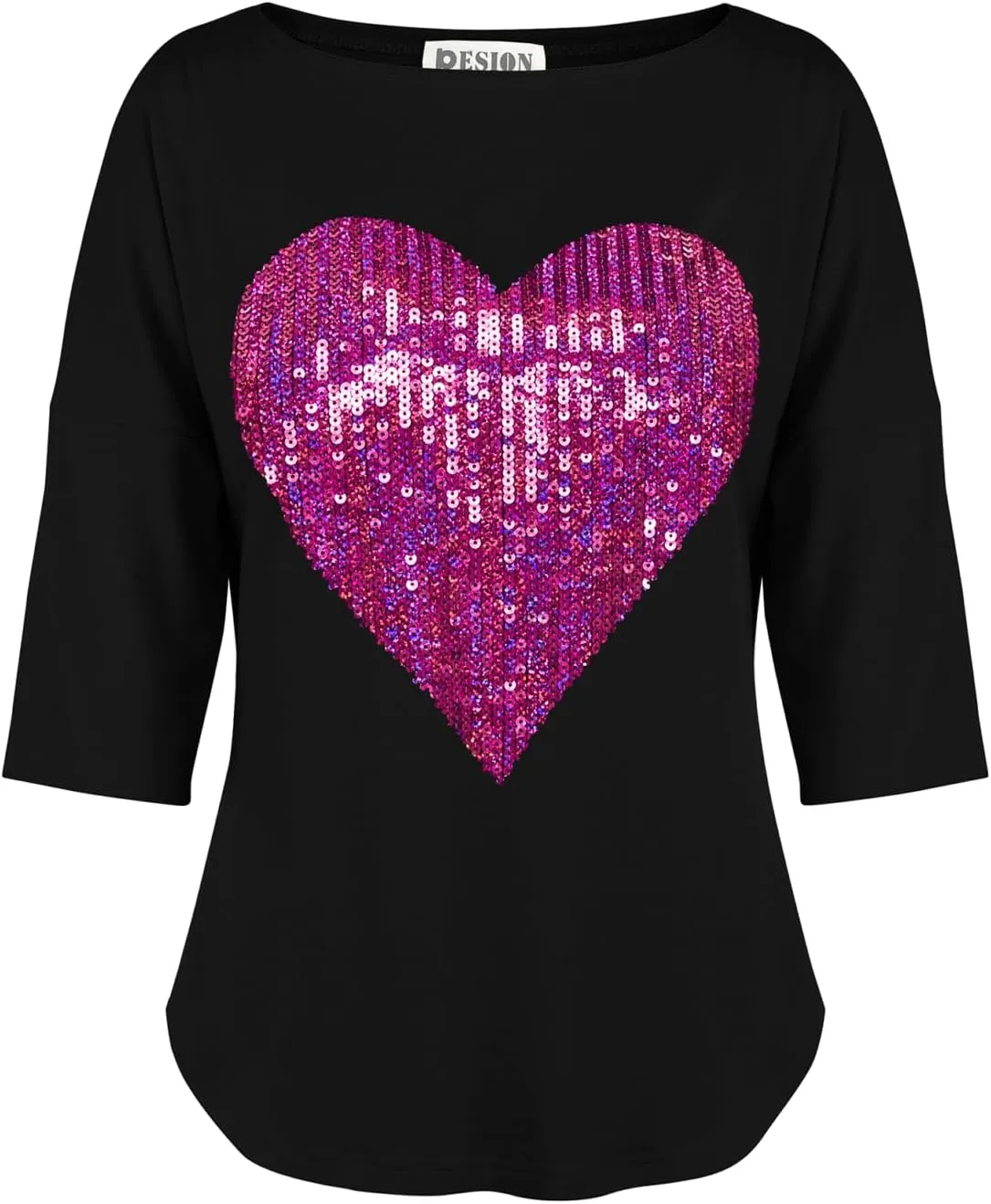 PESION Women's Sparkly Sequin Heart Love Shirts 3/4 Sleeve Loose Tunic Tops Boat Neck Love T-Shirt Tees