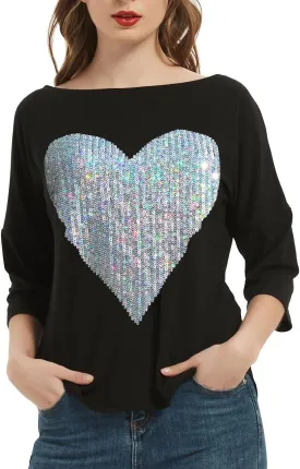 PESION Women's Sparkly Sequin Heart Love Shirts 3/4 Sleeve Loose Tunic Tops Boat Neck Love T-Shirt Tees