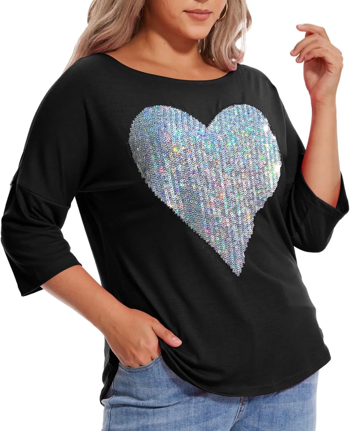 PESION Women's Sparkly Sequin Heart Love Shirts 3/4 Sleeve Loose Tunic Tops Boat Neck Love T-Shirt Tees