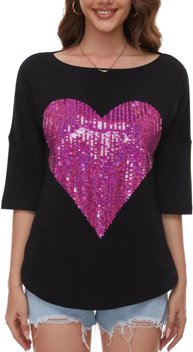 PESION Women's Sparkly Sequin Heart Love Shirts 3/4 Sleeve Loose Tunic Tops Boat Neck Love T-Shirt Tees