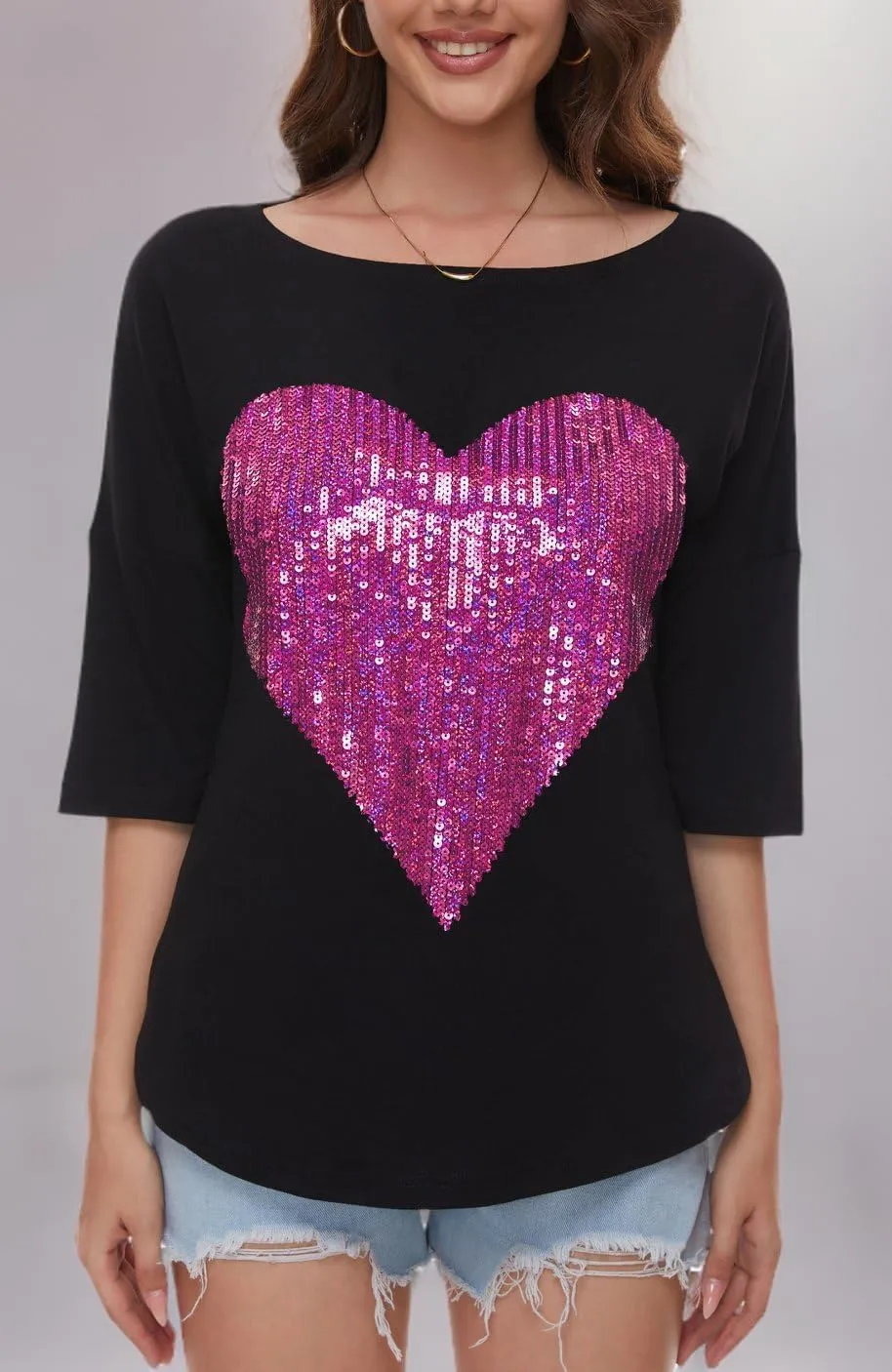 PESION Women's Sparkly Sequin Heart Love Shirts 3/4 Sleeve Loose Tunic Tops Boat Neck Love T-Shirt Tees