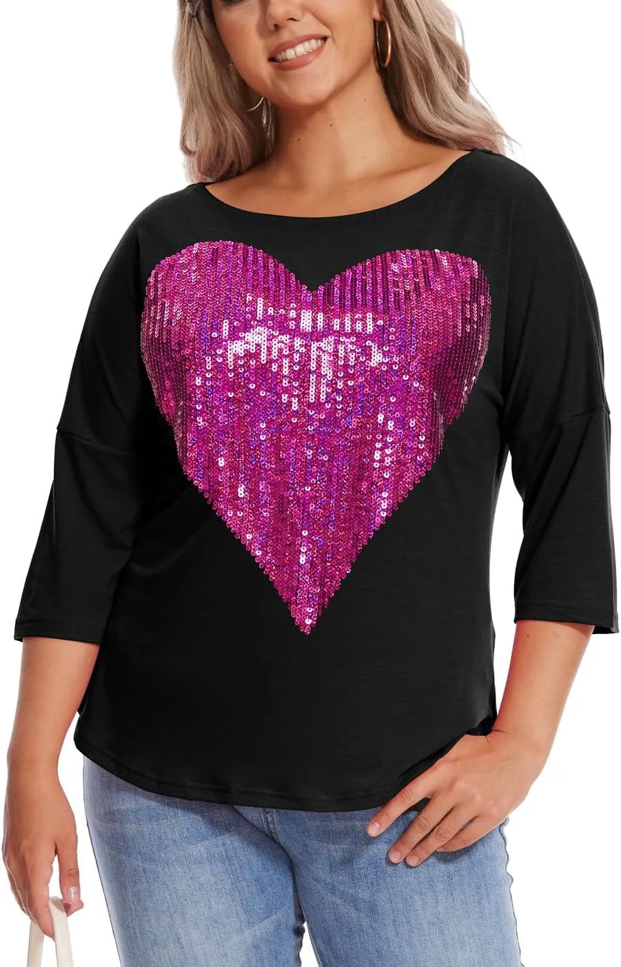 PESION Women's Sparkly Sequin Heart Love Shirts 3/4 Sleeve Loose Tunic Tops Boat Neck Love T-Shirt Tees