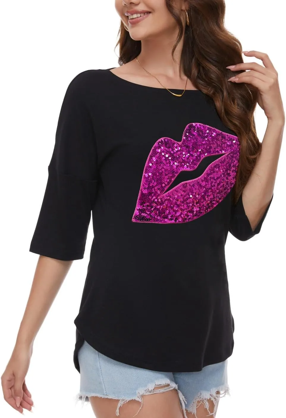 PESION Women's Sparkly Sequin Heart Love Shirts 3/4 Sleeve Loose Tunic Tops Boat Neck Love T-Shirt Tees