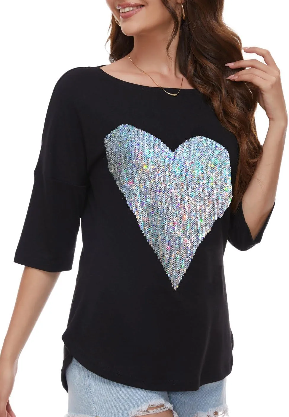 PESION Women's Sparkly Sequin Heart Love Shirts 3/4 Sleeve Loose Tunic Tops Boat Neck Love T-Shirt Tees