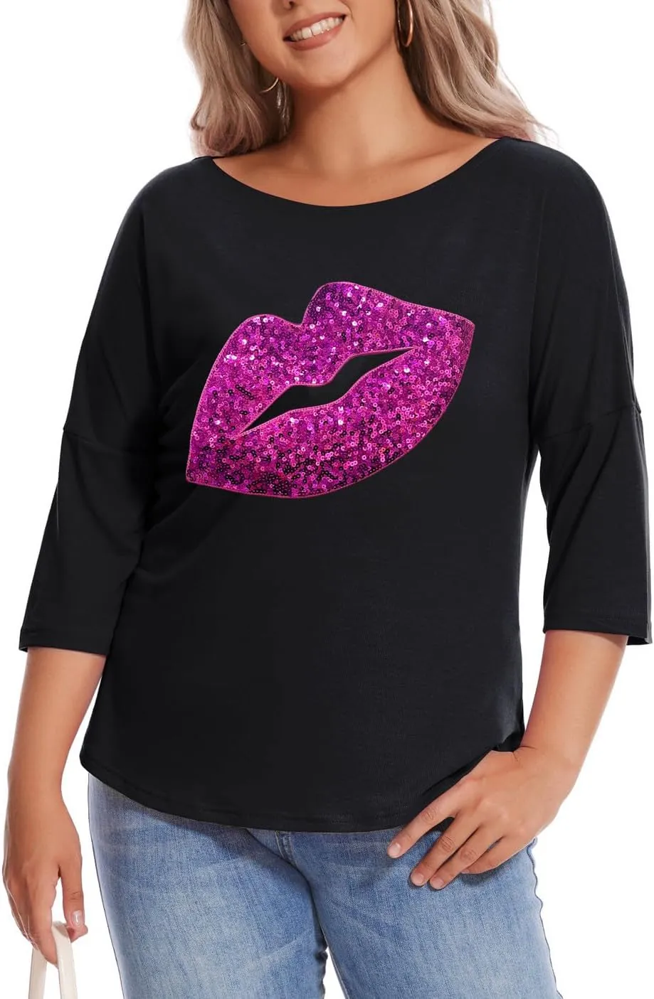 PESION Women's Sparkly Sequin Heart Love Shirts 3/4 Sleeve Loose Tunic Tops Boat Neck Love T-Shirt Tees