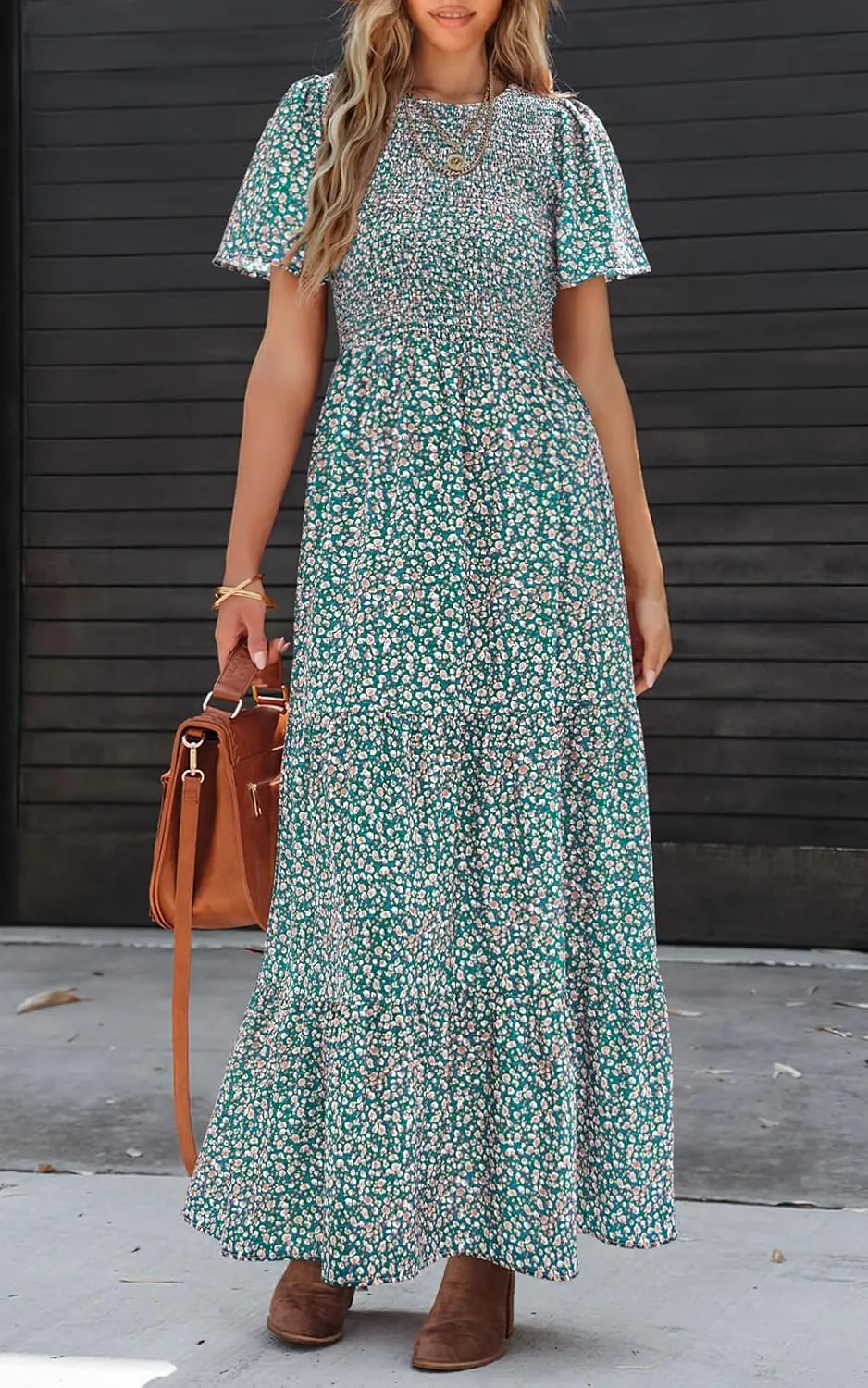 PRETTYGARDEN Women's 2025 Summer Casual Flutter Short Sleeve Boho Floral Maxi Dress Crew Neck Smocked Tiered Long Dresses