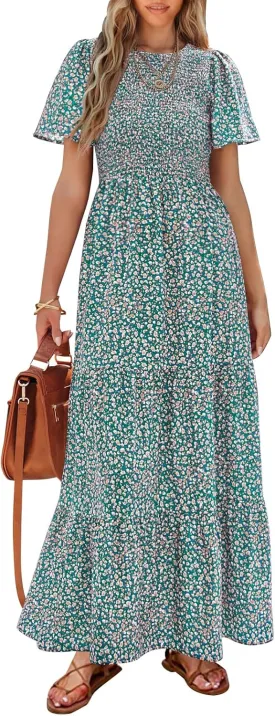 PRETTYGARDEN Women's 2025 Summer Casual Flutter Short Sleeve Boho Floral Maxi Dress Crew Neck Smocked Tiered Long Dresses