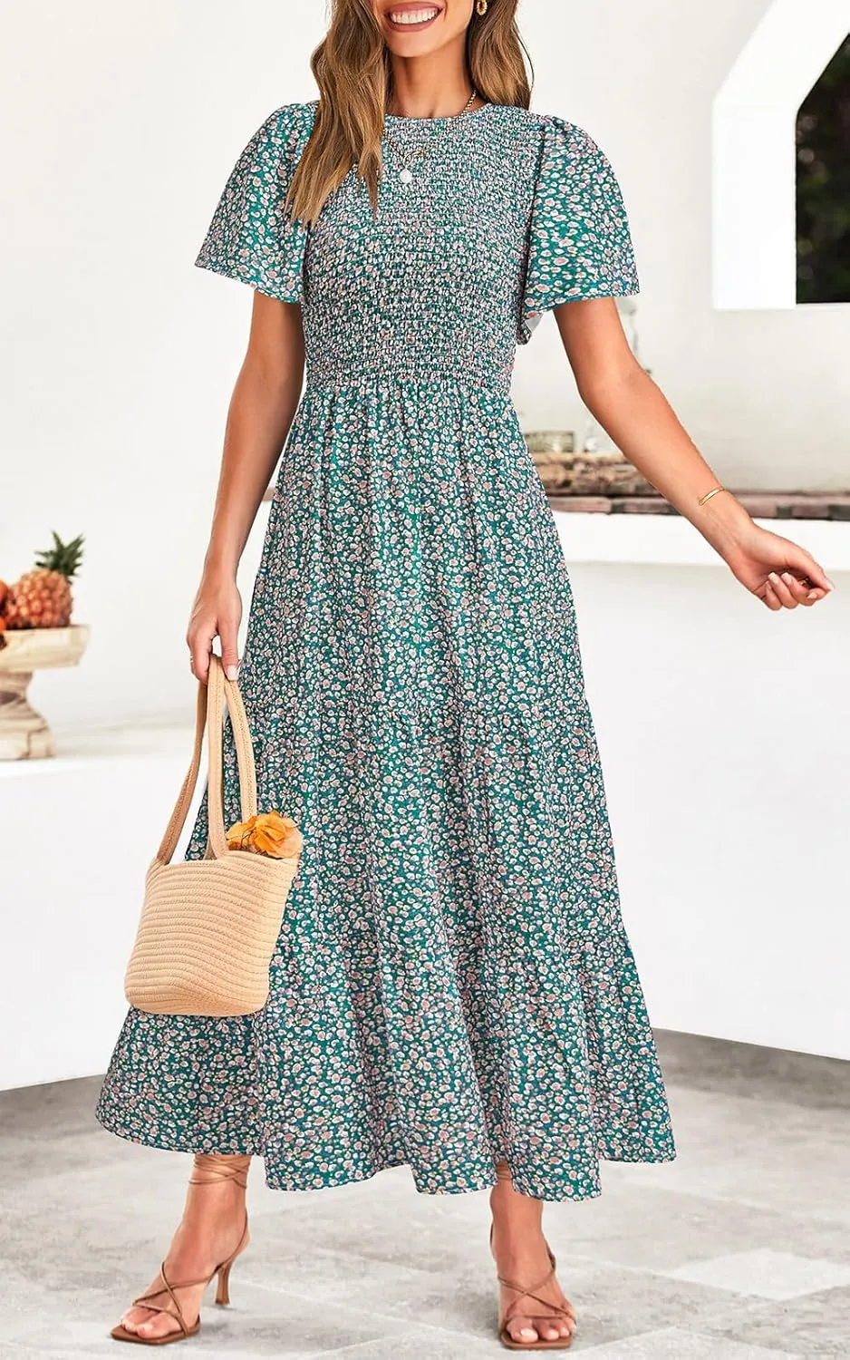 PRETTYGARDEN Women's 2025 Summer Casual Flutter Short Sleeve Boho Floral Maxi Dress Crew Neck Smocked Tiered Long Dresses