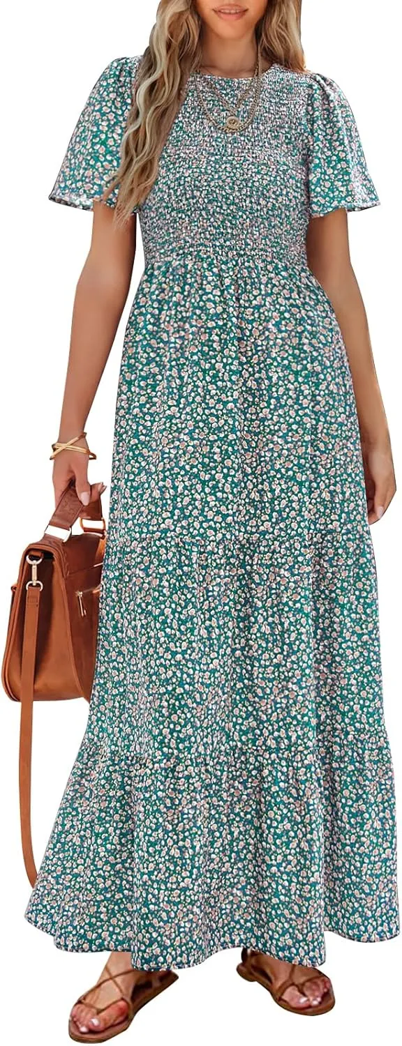PRETTYGARDEN Women's 2025 Summer Casual Flutter Short Sleeve Boho Floral Maxi Dress Crew Neck Smocked Tiered Long Dresses