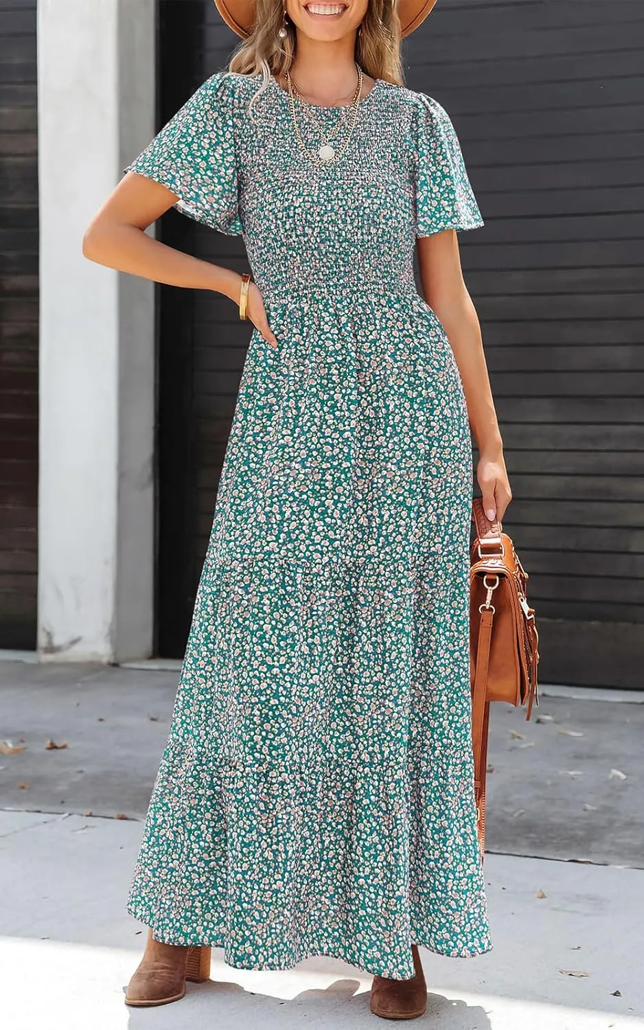 PRETTYGARDEN Women's 2025 Summer Casual Flutter Short Sleeve Boho Floral Maxi Dress Crew Neck Smocked Tiered Long Dresses