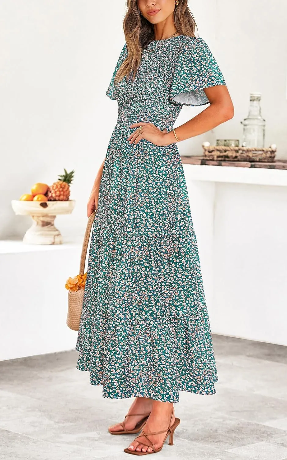 PRETTYGARDEN Women's 2025 Summer Casual Flutter Short Sleeve Boho Floral Maxi Dress Crew Neck Smocked Tiered Long Dresses