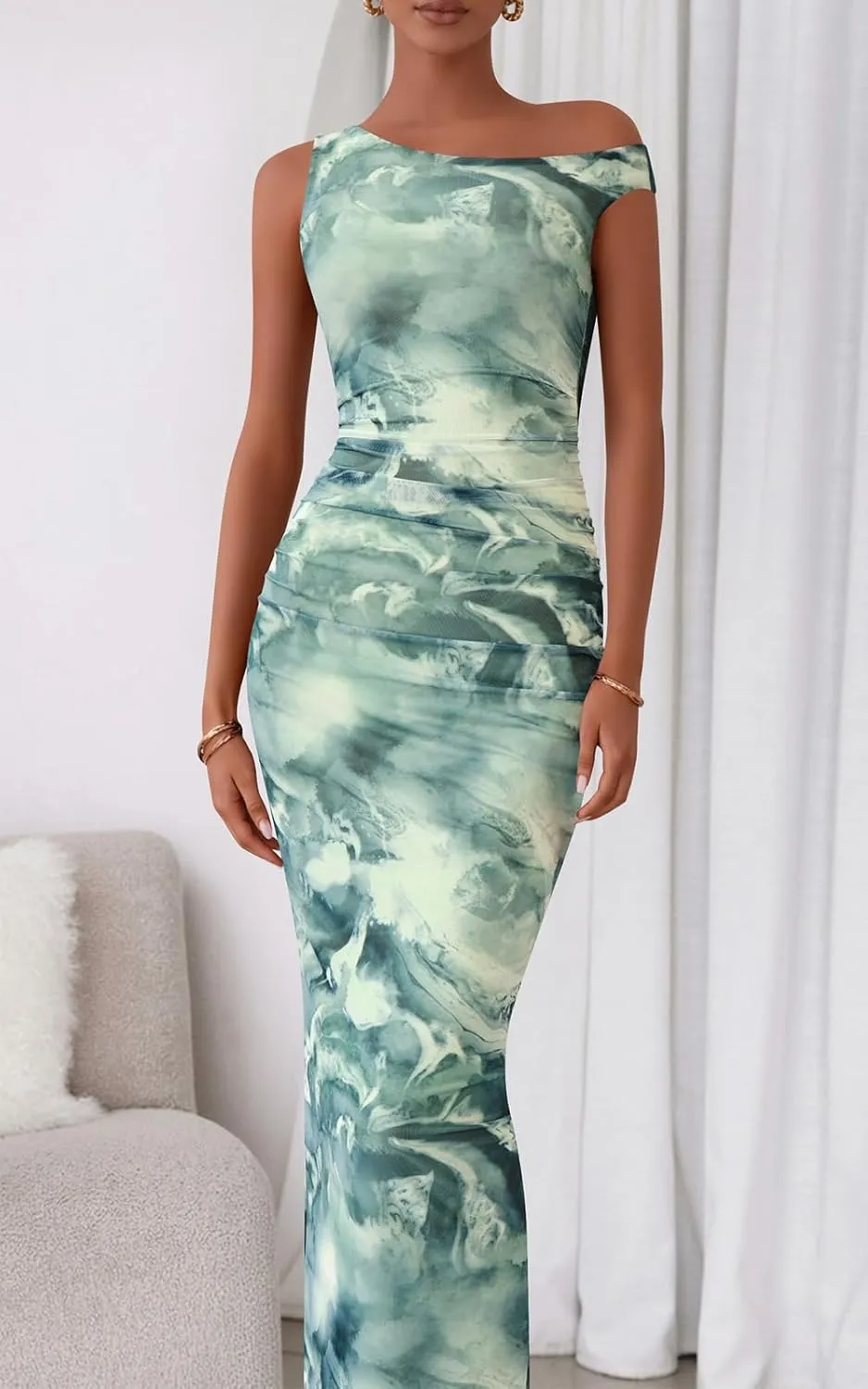 PRETTYGARDEN Women's 2025 Summer Floral One Shoulder Maxi Dress Wedding Guest Ruched Mesh Bodycon Long Cocktail Dresses