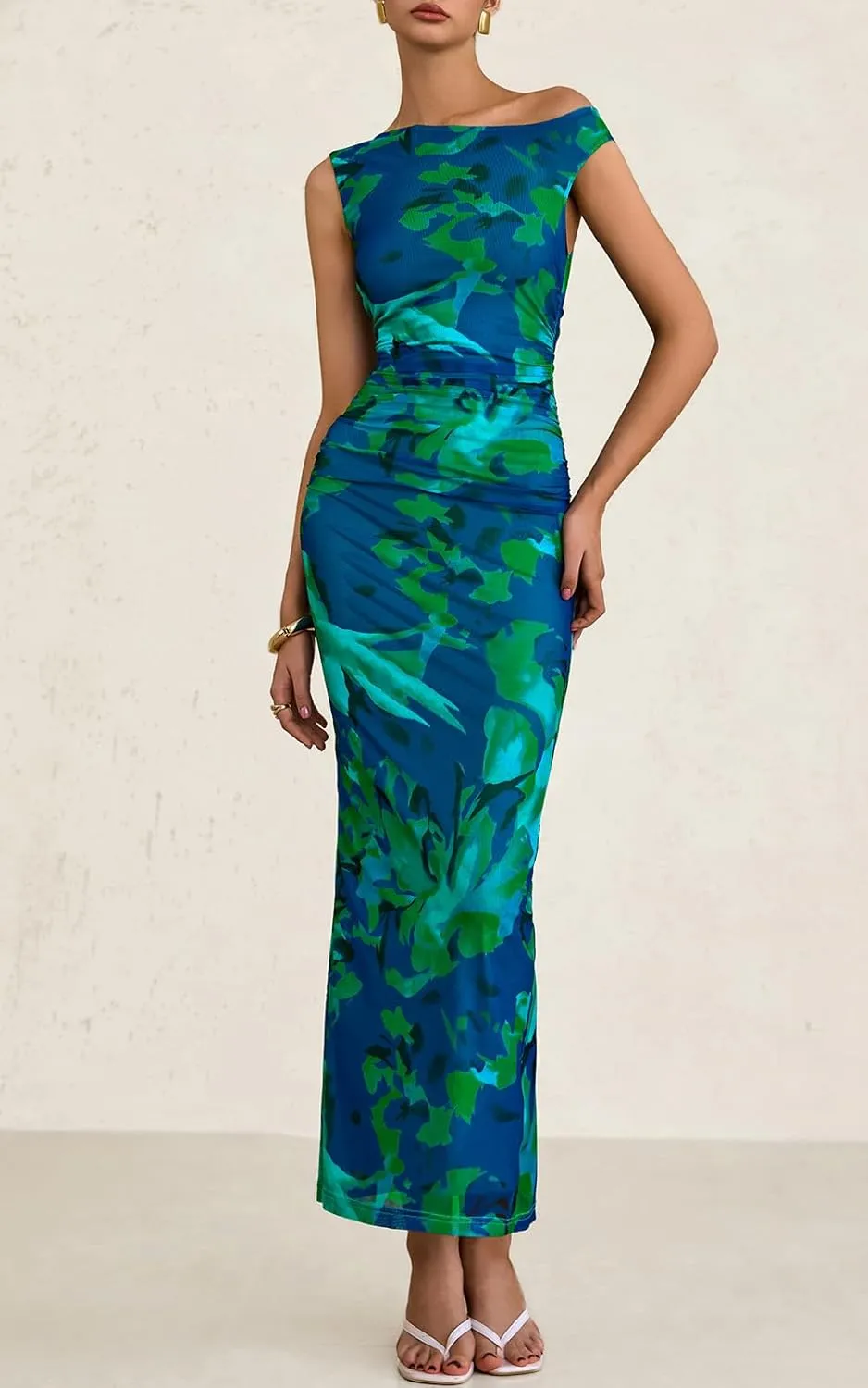 PRETTYGARDEN Women's 2025 Summer Floral One Shoulder Maxi Dress Wedding Guest Ruched Mesh Bodycon Long Cocktail Dresses