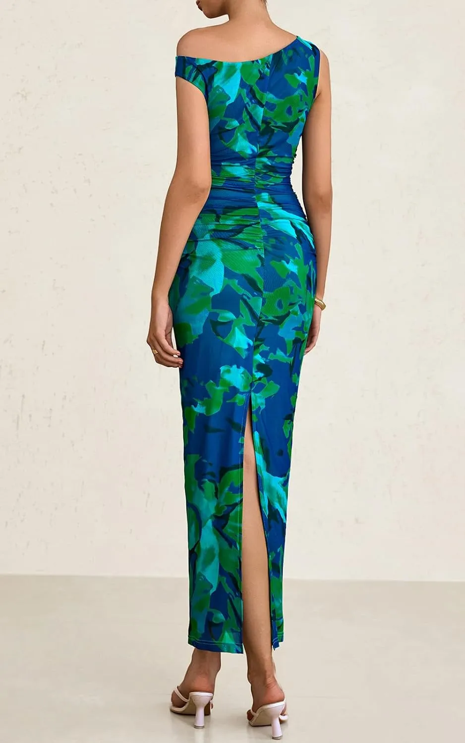 PRETTYGARDEN Women's 2025 Summer Floral One Shoulder Maxi Dress Wedding Guest Ruched Mesh Bodycon Long Cocktail Dresses