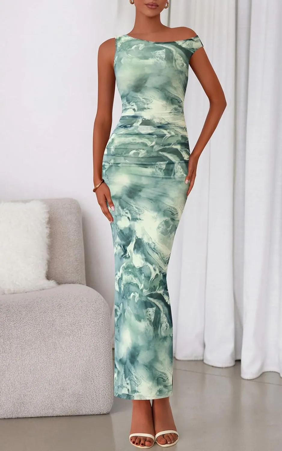 PRETTYGARDEN Women's 2025 Summer Floral One Shoulder Maxi Dress Wedding Guest Ruched Mesh Bodycon Long Cocktail Dresses