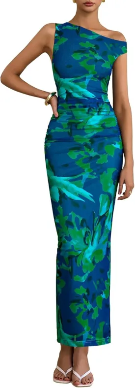 PRETTYGARDEN Women's 2025 Summer Floral One Shoulder Maxi Dress Wedding Guest Ruched Mesh Bodycon Long Cocktail Dresses