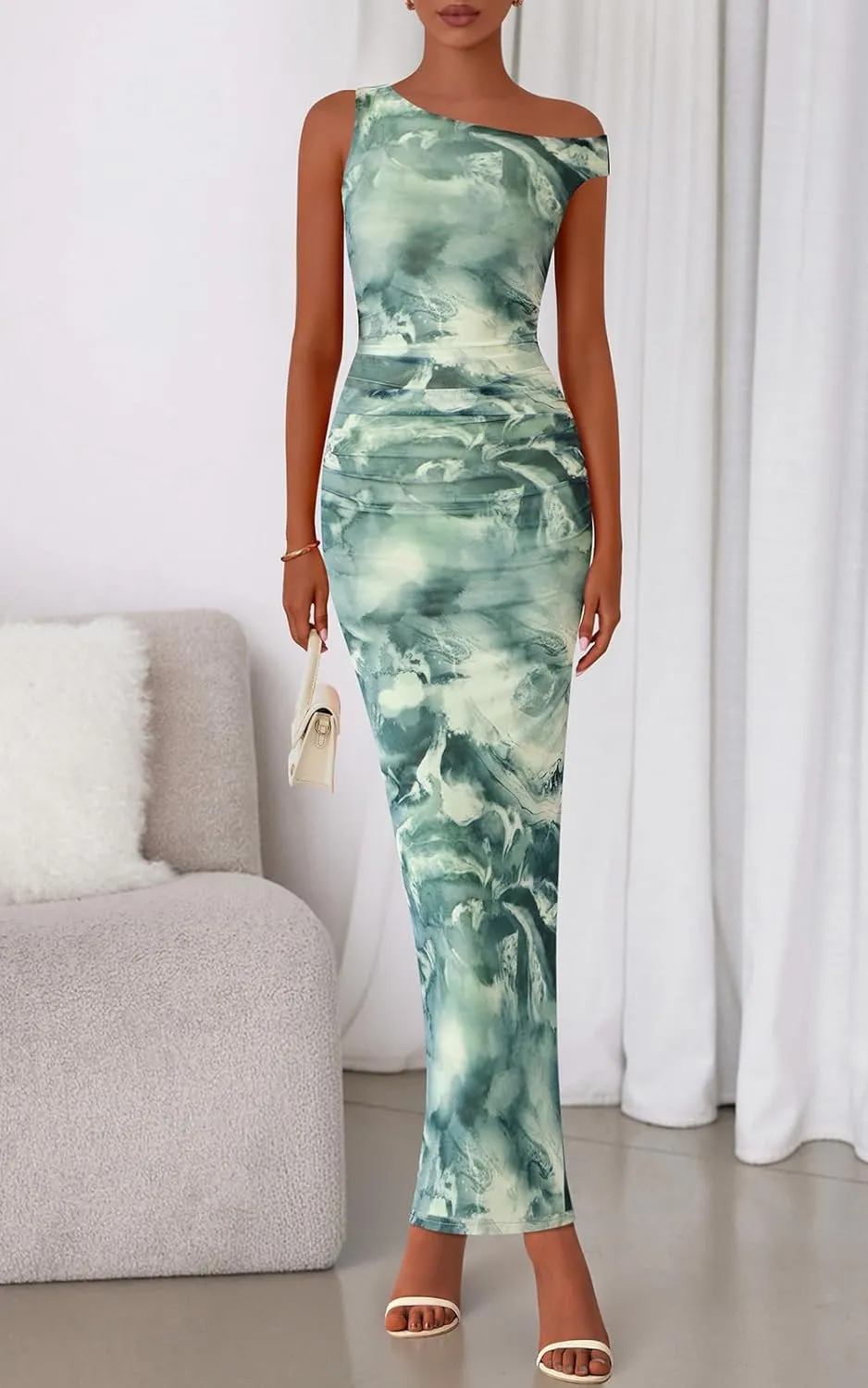 PRETTYGARDEN Women's 2025 Summer Floral One Shoulder Maxi Dress Wedding Guest Ruched Mesh Bodycon Long Cocktail Dresses