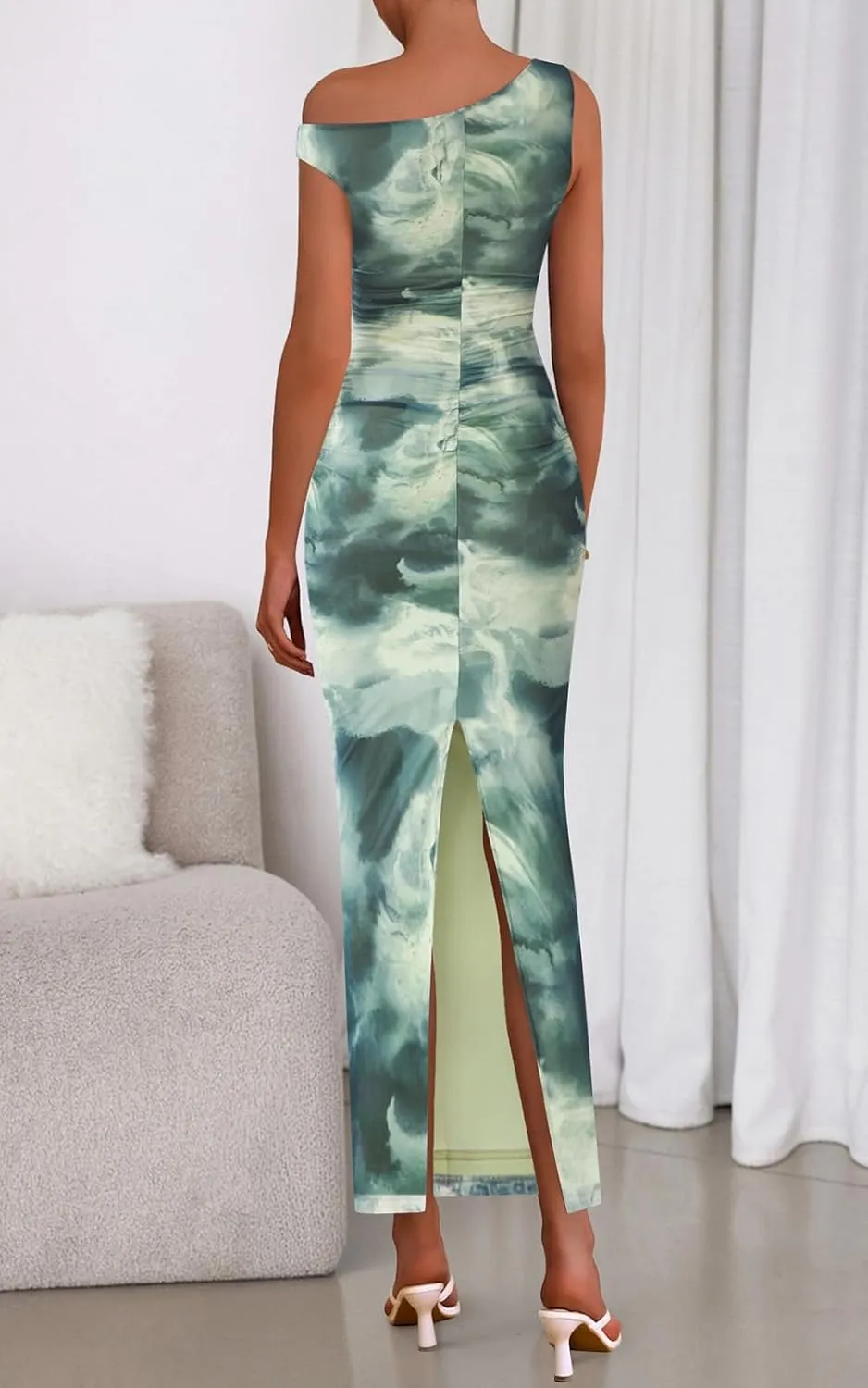 PRETTYGARDEN Women's 2025 Summer Floral One Shoulder Maxi Dress Wedding Guest Ruched Mesh Bodycon Long Cocktail Dresses
