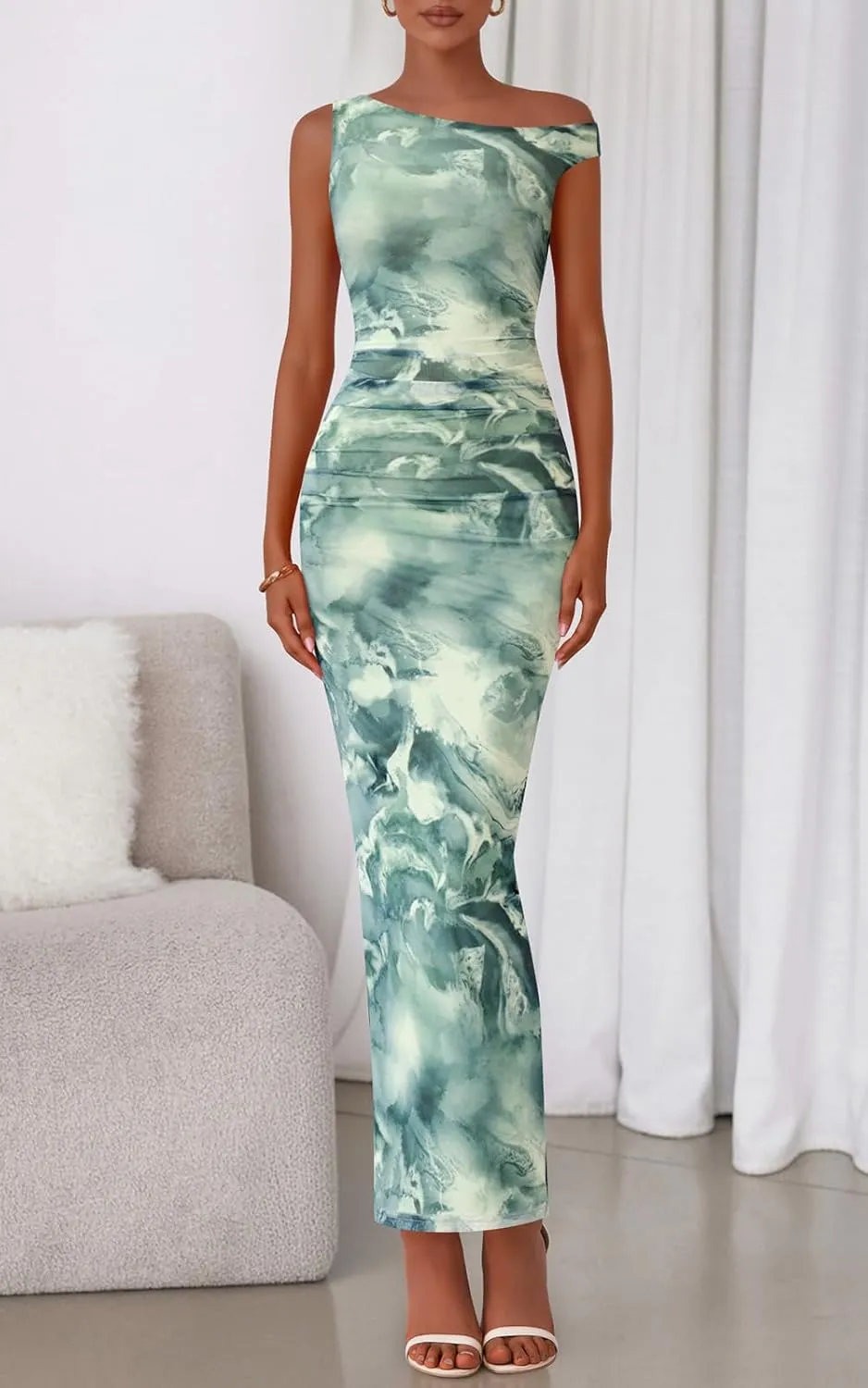 PRETTYGARDEN Women's 2025 Summer Floral One Shoulder Maxi Dress Wedding Guest Ruched Mesh Bodycon Long Cocktail Dresses