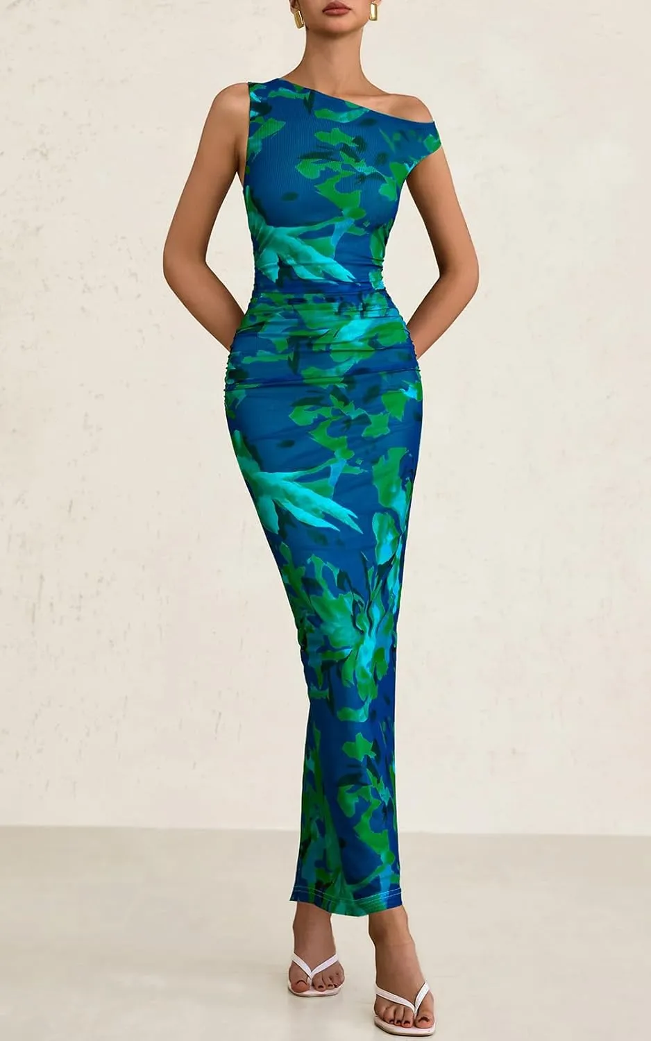 PRETTYGARDEN Women's 2025 Summer Floral One Shoulder Maxi Dress Wedding Guest Ruched Mesh Bodycon Long Cocktail Dresses