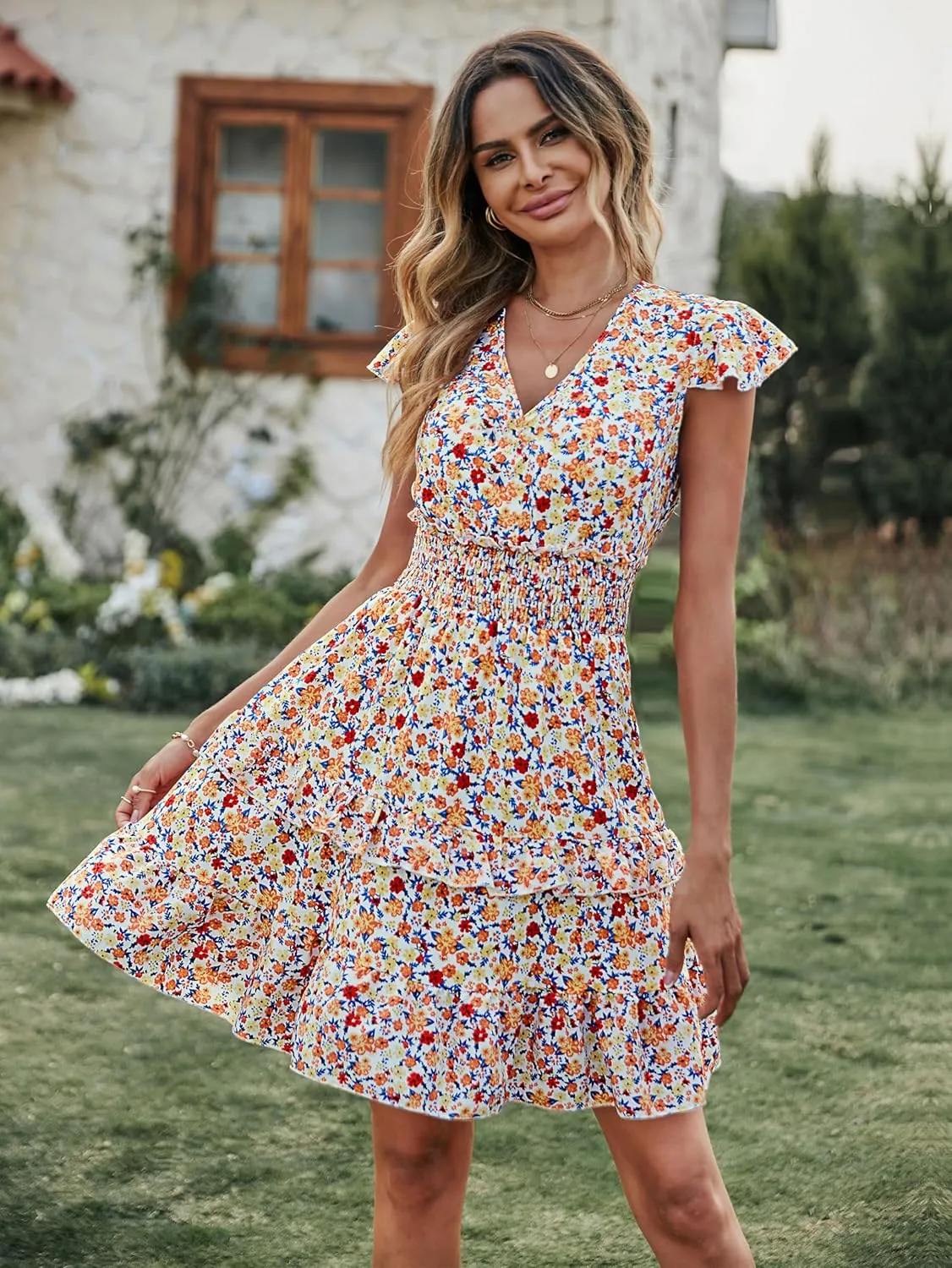 PRETTYGARDEN Womens Summer Dresses Boho V Neck Floral Print Ruffle Sleeve Layered Mini Dress Cute Smocked Waist Short Dress