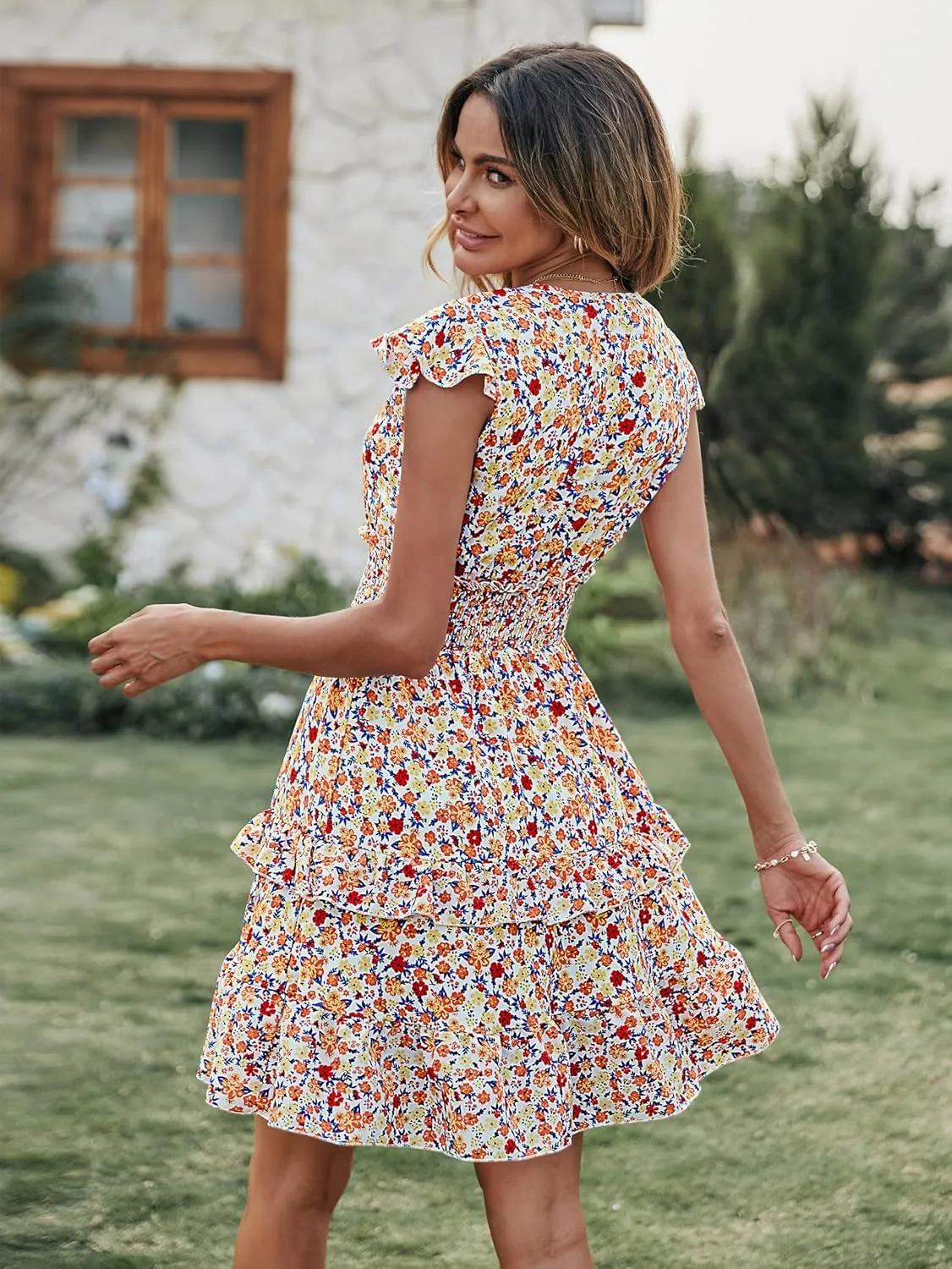 PRETTYGARDEN Womens Summer Dresses Boho V Neck Floral Print Ruffle Sleeve Layered Mini Dress Cute Smocked Waist Short Dress