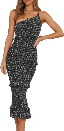 PRETTYGARDEN Women's Summer Midi Bodycon Dresses One Shoulder Strappy Tiered Ruffle Floral Boho Sun Dress