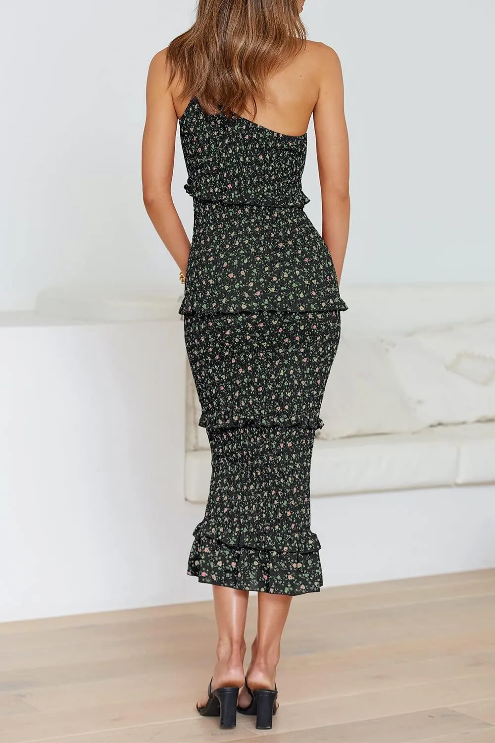 PRETTYGARDEN Women's Summer Midi Bodycon Dresses One Shoulder Strappy Tiered Ruffle Floral Boho Sun Dress