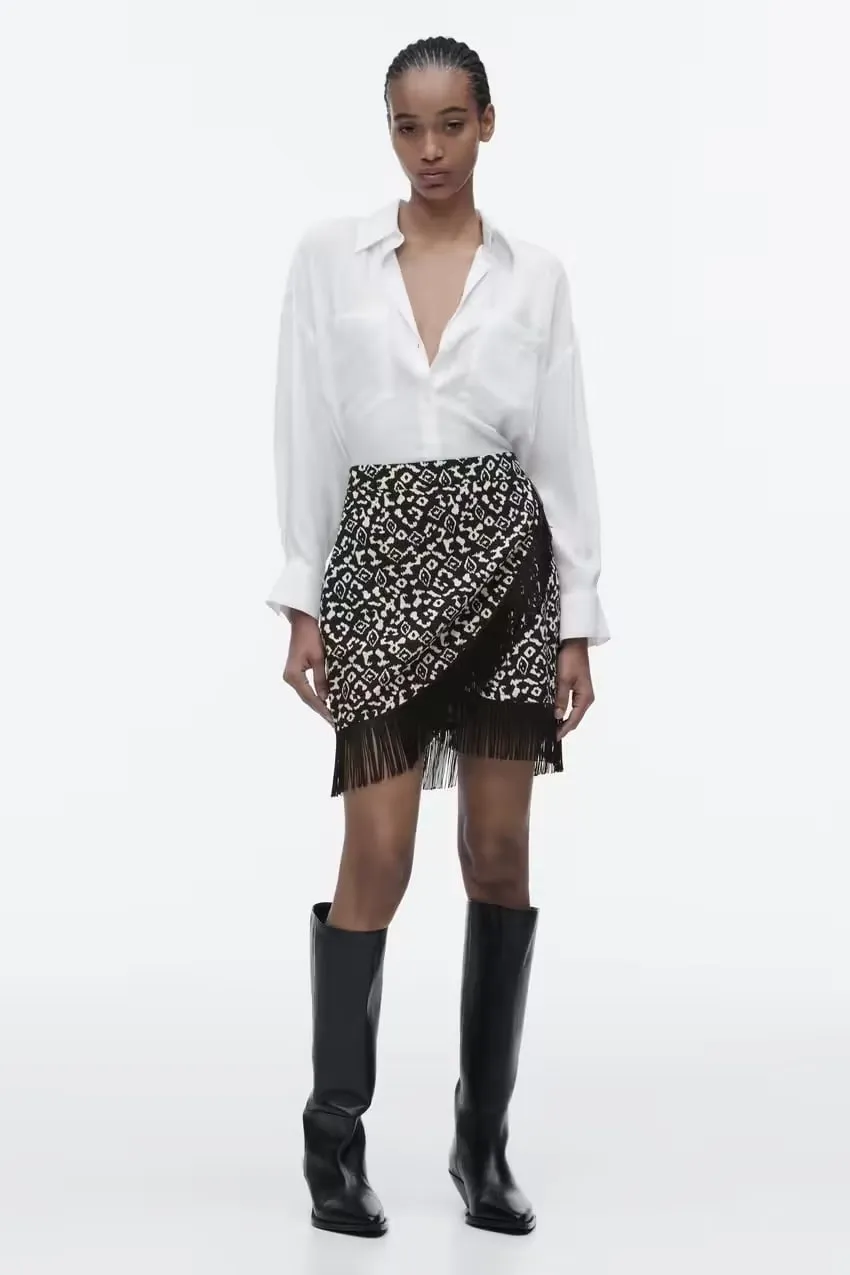 Printed Tassel Trim Fringe Hem Wrap Mini Skirt