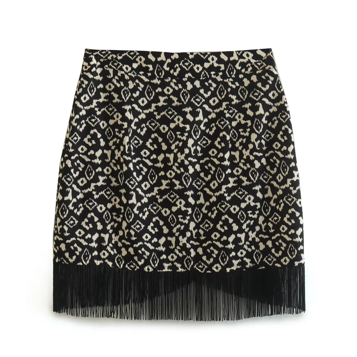 Printed Tassel Trim Fringe Hem Wrap Mini Skirt