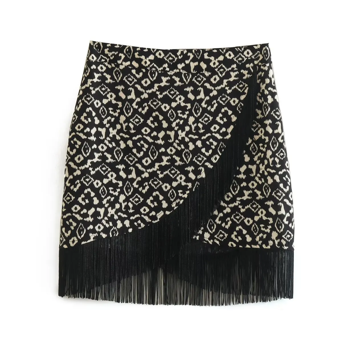Printed Tassel Trim Fringe Hem Wrap Mini Skirt