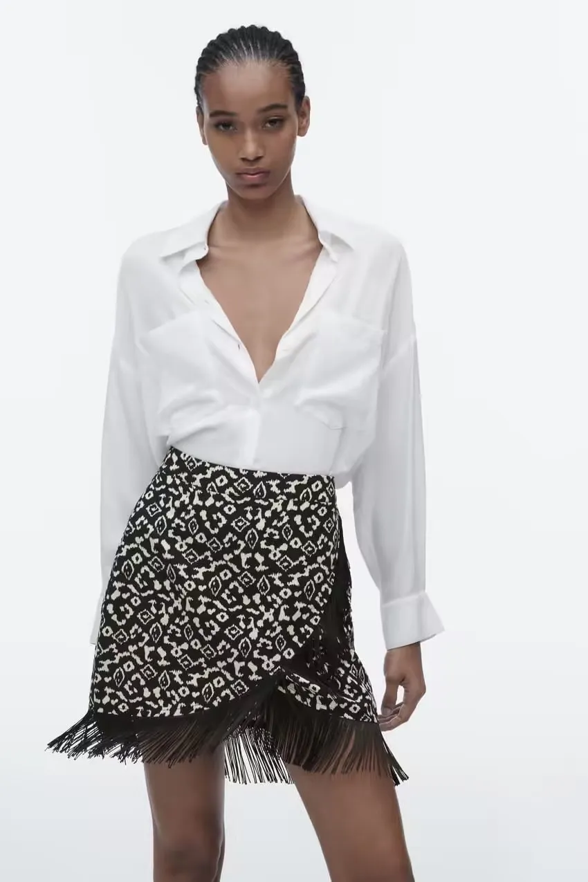 Printed Tassel Trim Fringe Hem Wrap Mini Skirt