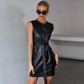 Retro belt  PU leather sleeveless short dress