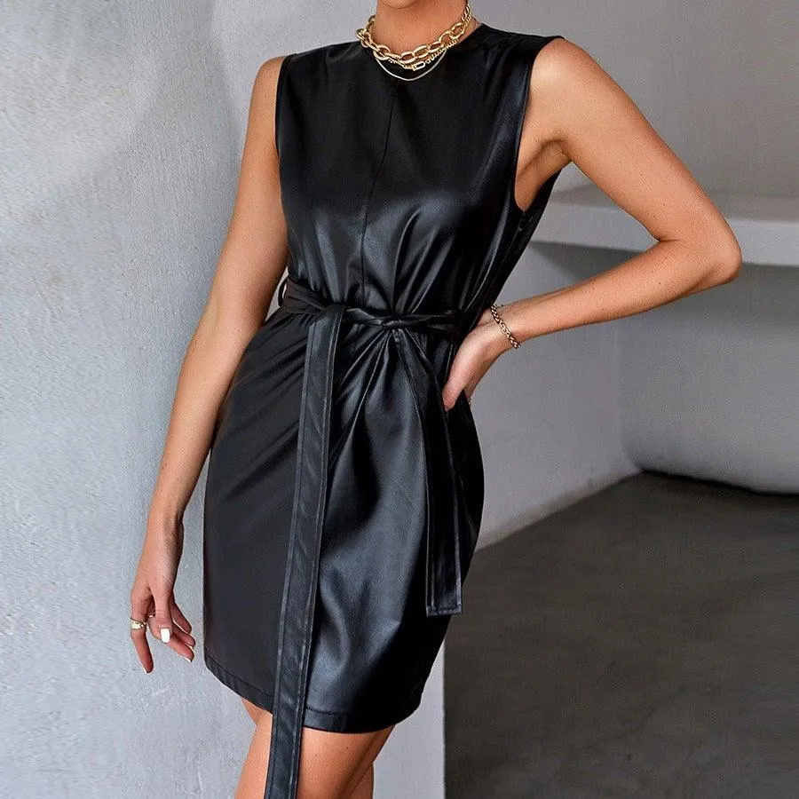 Retro belt  PU leather sleeveless short dress