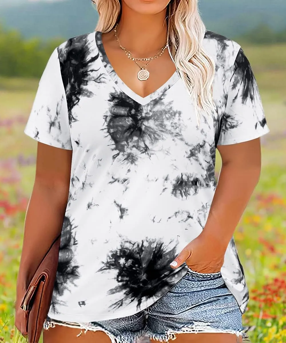 RITERA Women Plus Size Tops Tie Dye V Neck Shirt Floral Camo Summer Short Sleeve Tunic Oversized Ladies Blouse XL-5XL