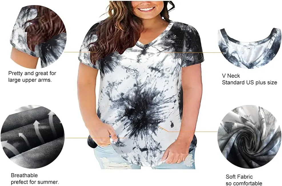 RITERA Women Plus Size Tops Tie Dye V Neck Shirt Floral Camo Summer Short Sleeve Tunic Oversized Ladies Blouse XL-5XL