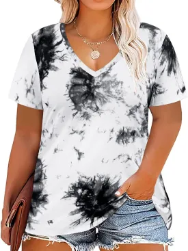 RITERA Women Plus Size Tops Tie Dye V Neck Shirt Floral Camo Summer Short Sleeve Tunic Oversized Ladies Blouse XL-5XL