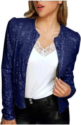 Sequin Jackets for Women Evening Party Glitter Tops Front Zip Long Sleeve Jackets Fashion Sparkly Bomber Clothes
