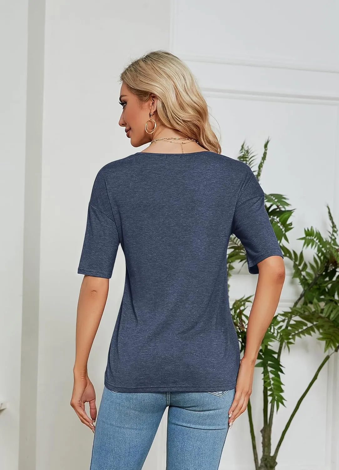 Sherosa Womens T Shirts V-Neck Half Sleeve Loose Fit Shirts Casual Solid Basic Tops