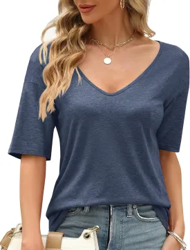 Sherosa Womens T Shirts V-Neck Half Sleeve Loose Fit Shirts Casual Solid Basic Tops