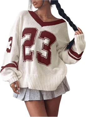 SOLY HUX Women's Y2k Oversized Sweater Number Graphic V Neck Drop Shoulder Long Sleeve Pullover Tops