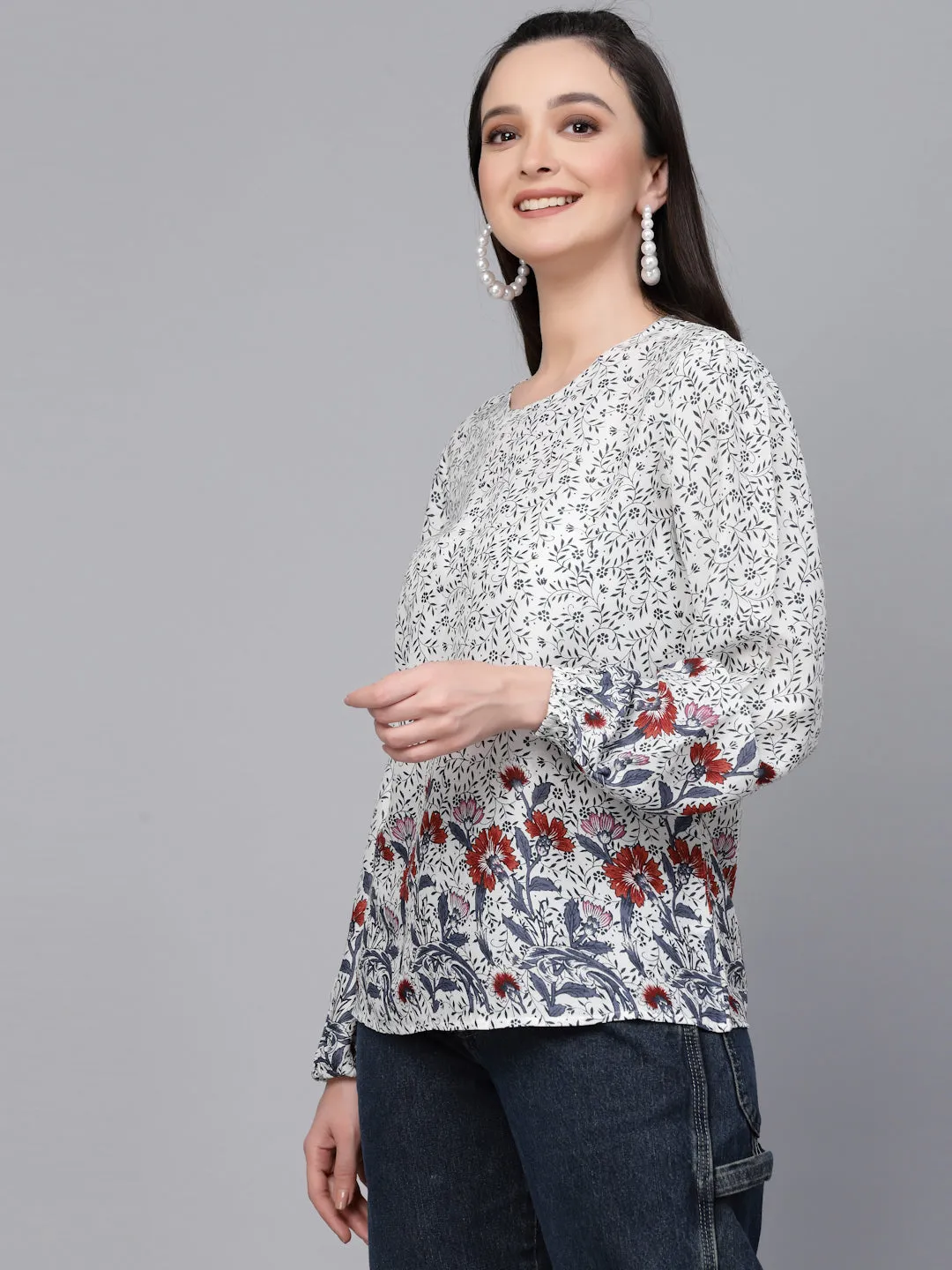Style Quotient Women white And Grey Floral Printed Smart Casual Top