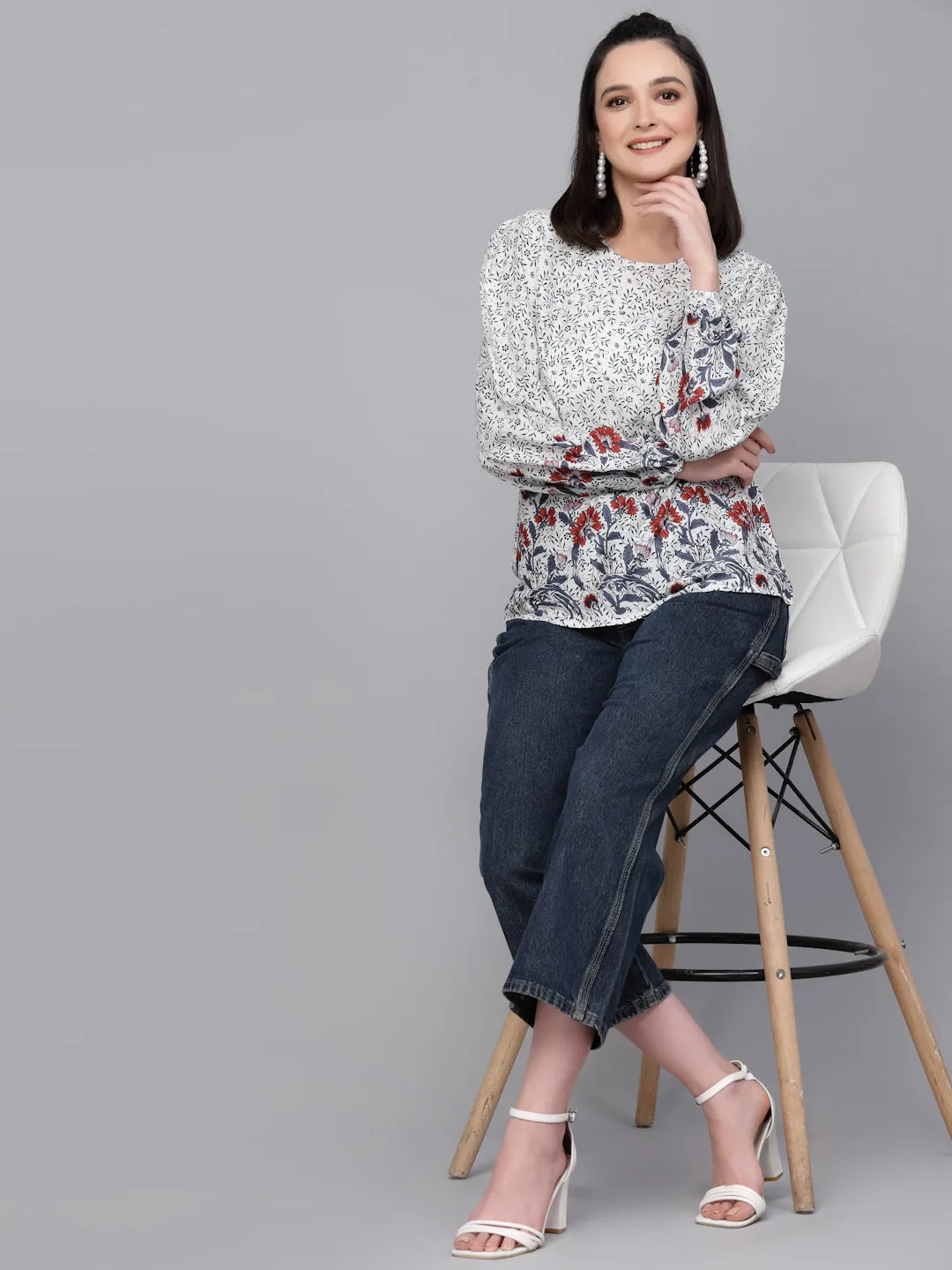 Style Quotient Women white And Grey Floral Printed Smart Casual Top