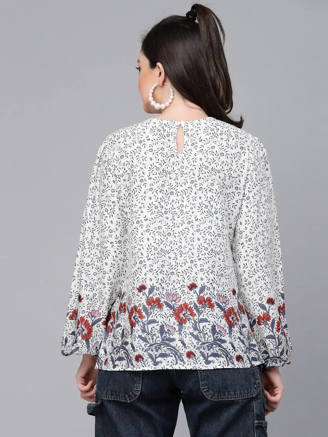 Style Quotient Women white And Grey Floral Printed Smart Casual Top