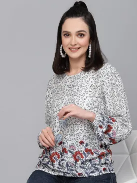 Style Quotient Women white And Grey Floral Printed Smart Casual Top