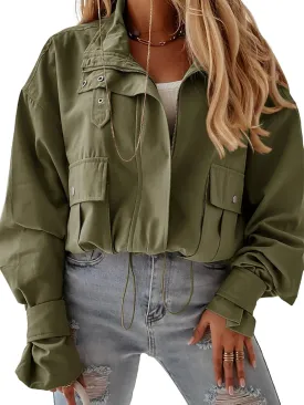 Tankaneo Womens Cropped Bomber Jacket Long Sleeve Zip Up Casual Coats Loose Fit Outerwear with Pockets