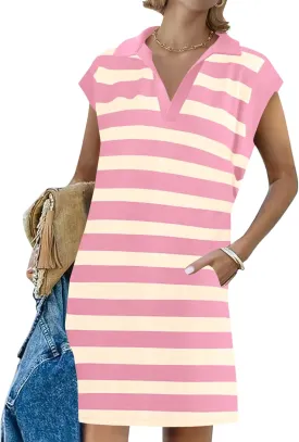 Wenrine Womens Striped Summer Mini Dress Casual Cap Sleeve Polo V Neck T Shirt Dresses with Pockets