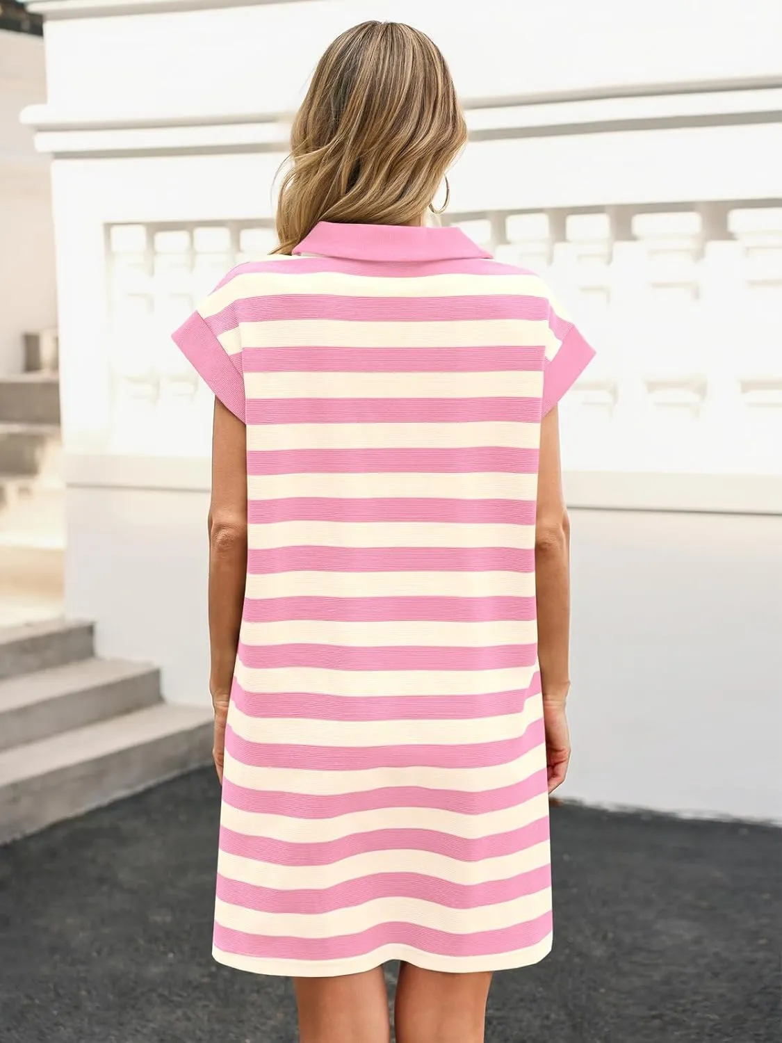Wenrine Womens Striped Summer Mini Dress Casual Cap Sleeve Polo V Neck T Shirt Dresses with Pockets
