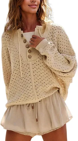 Women Oversized Knit Sweatshirt Hollow Long Sleeve Button Drawstring V Neck Pullover Sweaters