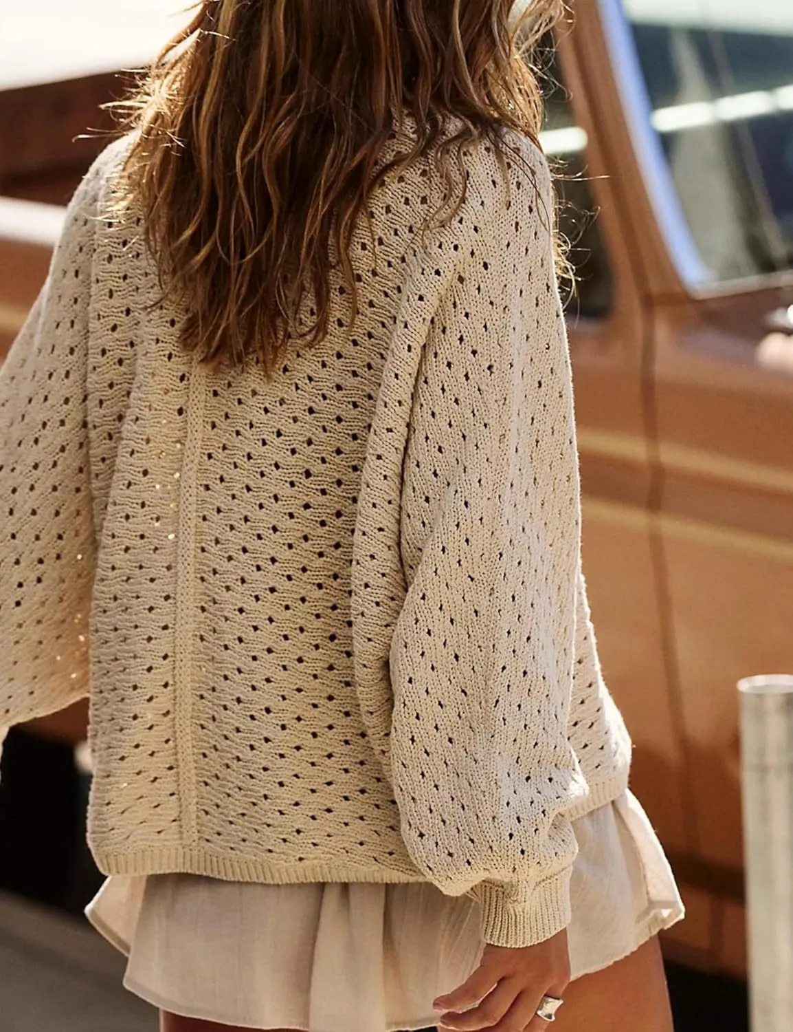Women Oversized Knit Sweatshirt Hollow Long Sleeve Button Drawstring V Neck Pullover Sweaters